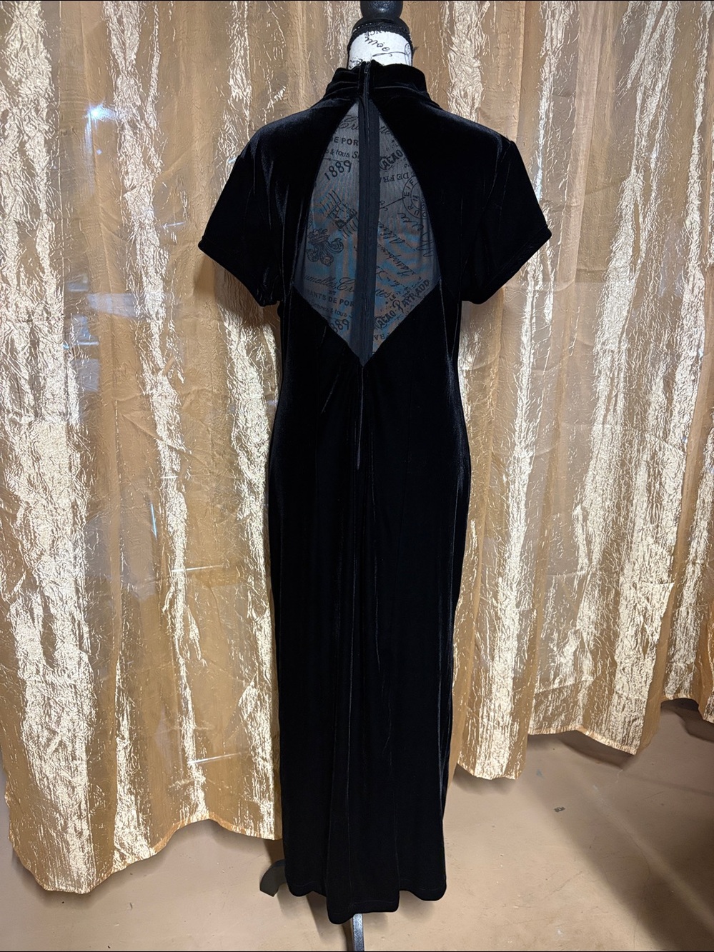 Fashion Bug Black Velvet Maxi Dress with Mesh Inset - Picture 3 of 5